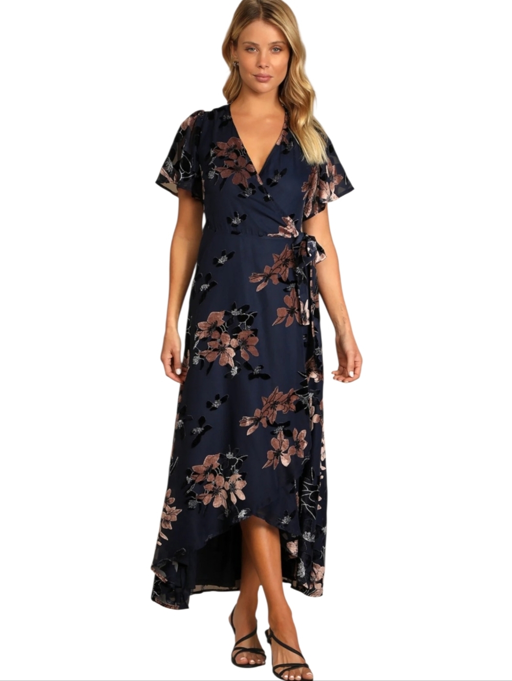 Lulu's Blue Floral Burn-out Velvet Wrap Maxi Dress Size Small